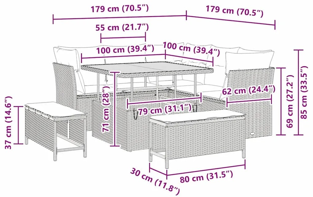Conjunto de Sofá de Jardim 8 Peças com Almofadas Beiges em Rattan Poli