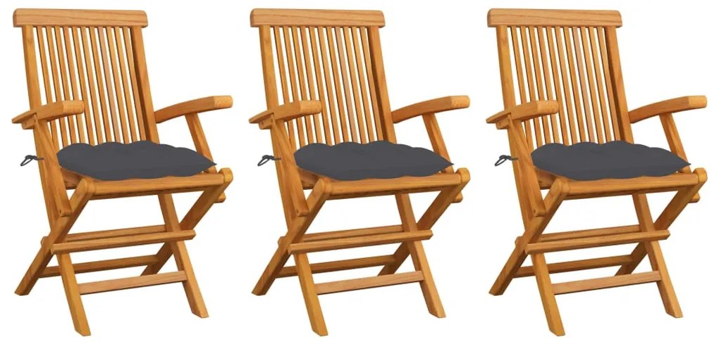 Cadeiras de jardim c/ almofadões antracite 3 pcs teca maciça