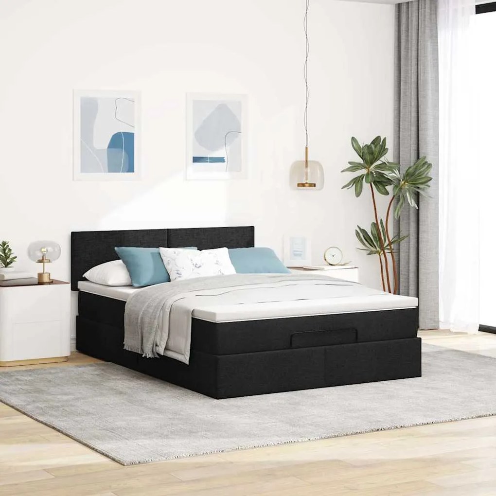 Cama otomana com colchão 140x190 cm tecido preto