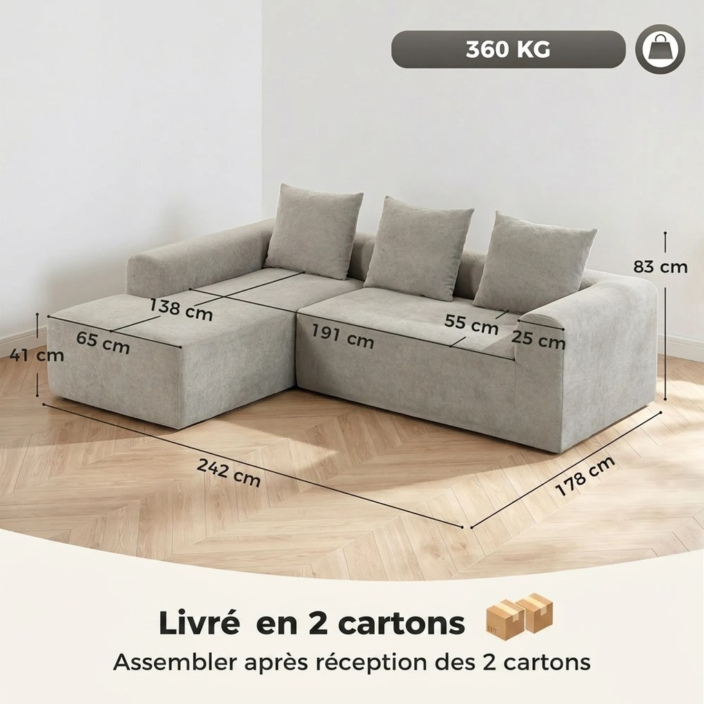 Sofá de Canto com Chaise Longue, 242 x 178 x 83 cm, Assento Profundo, Cinzento-Claro