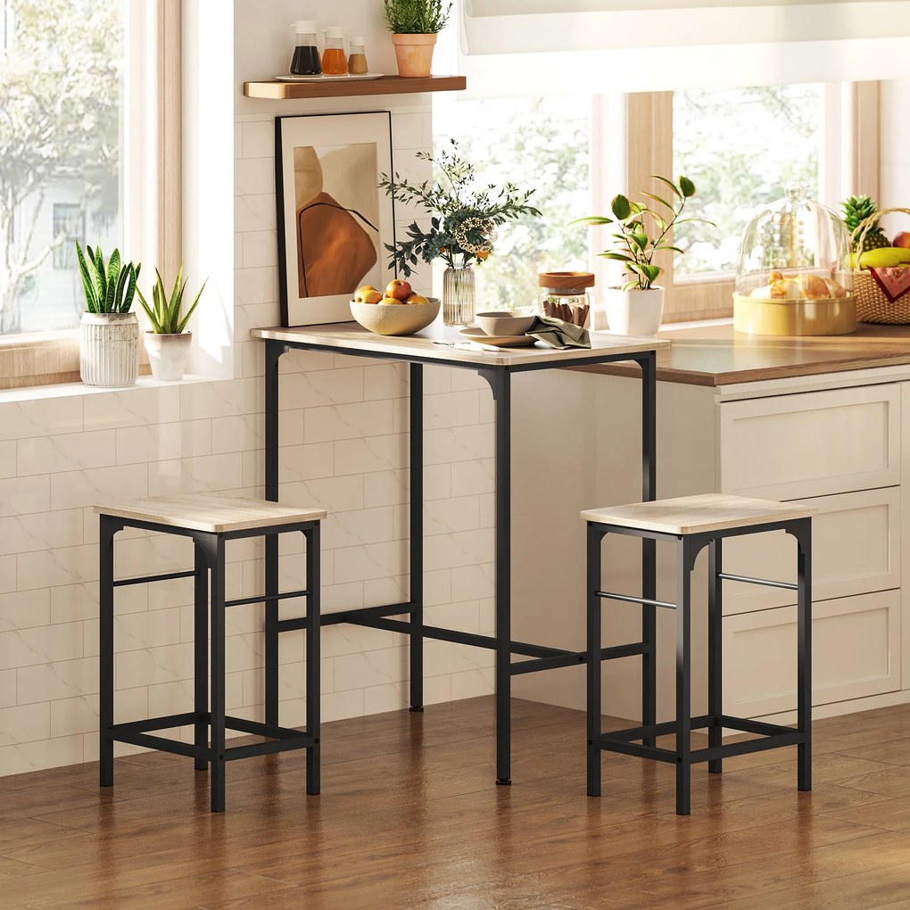 Conjunto de mesa de bar com 2 bancos, estrutura em aço para cozinha, sala de jantar e sala de estar, com efeito de madeira natural