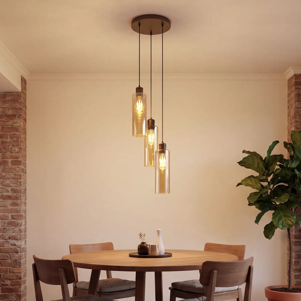 Candeeiro suspenso Hotel Chic bronze escuro com vidro âmbar 3 luzes - Stavelot