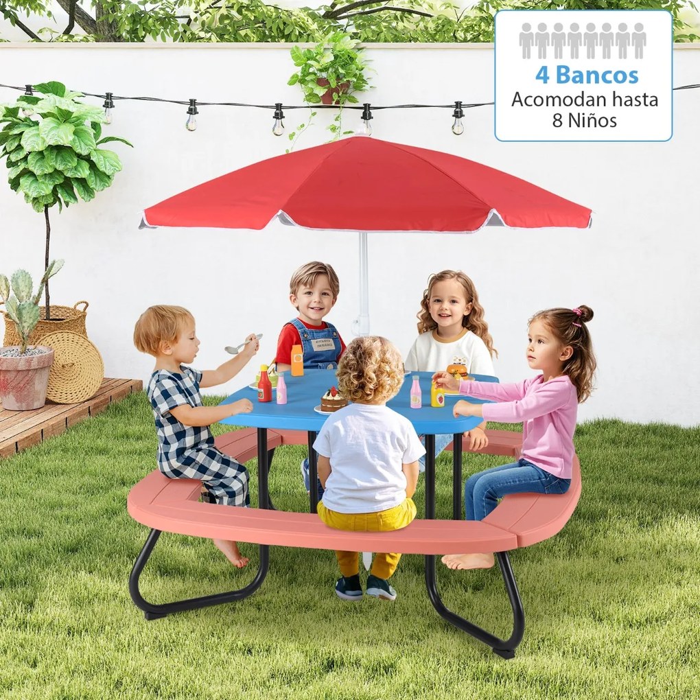 Mesa de atividades jardim crianças com guarda-sol ajustável e dobrável, 4 bancos incorporados até 8 crianças, 125 × 125 × 100-160 cm  azul