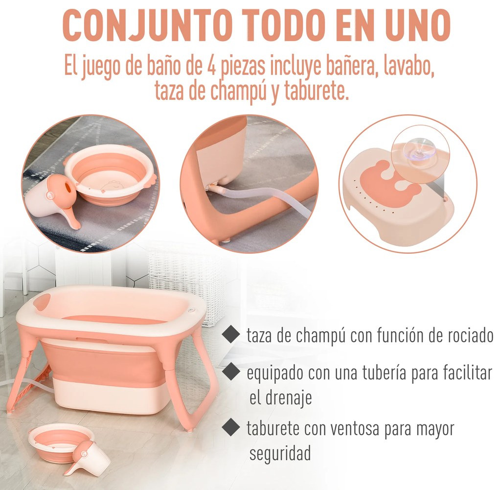 HOMCOM Banheira dobrável e portátil para bebê com recipiente para xampu bacia e banco conjunto de 4 peças de banho81,5x60x46,5 cm Rosa