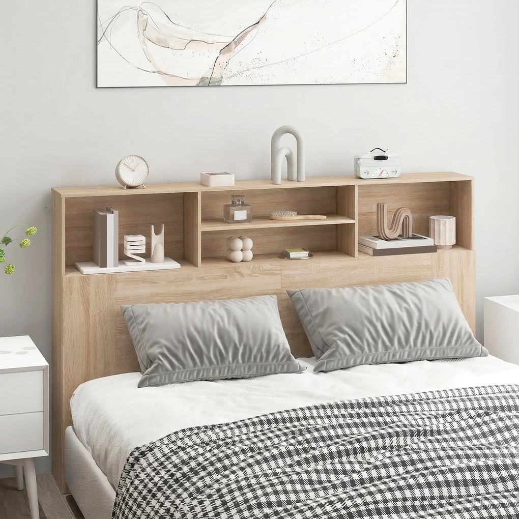 Cabeceira de Cama com Arrumação, 160 x 20,2 x 108,2 cm, 4 Compartimentos Abertos, cor Madeira Natural