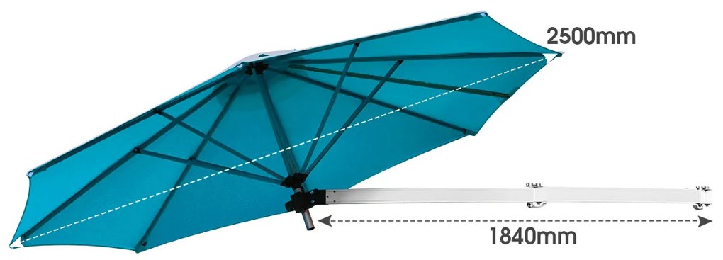 Guarda-sol montado na parede 250 cm x 184 cm com poste ajustável e inclinável resistente para jardim, varanda, pátio azul