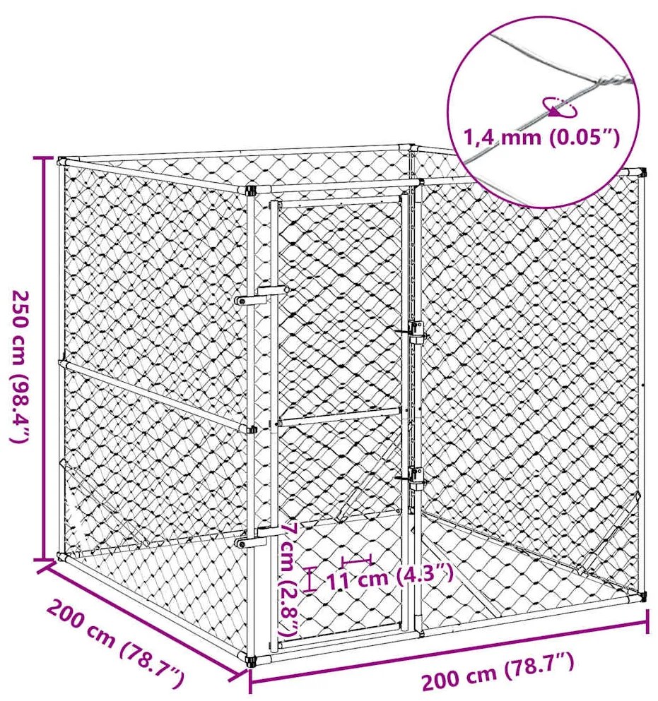 Canil de exterior 2x2x2 m aço galvanizado prateado