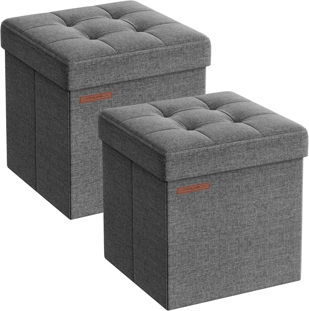 SONGMICS Pufe Dobrável Pequeno Cubo de 11,8 Polegadas, Conjunto de 2, Pufe com Armazenamento, Pufe com Apoio para os Pés, Pufe para Sala de Estar, Quarto, Dormitório, Cinza Escuro ULSF028G21