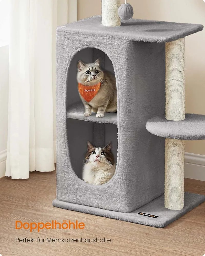 Árvore para gatos pequena com 2 cavernas e 1 plataforma cinza claro