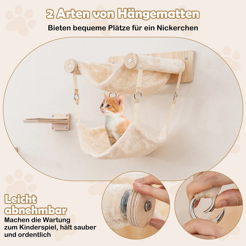 5 PCS Parede de Escalada e Arranhador para Gatos com Plataformas, Postes de Juta, Cama para Gatos, 2 redes Natural