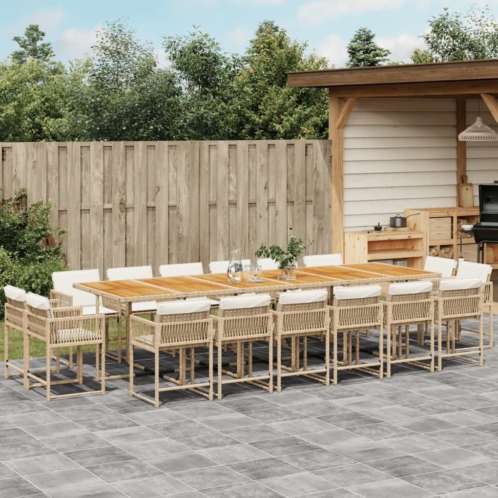 vidaXL 17 pcs conjunto de jantar p/ jardim c/ almofadões vime PE bege