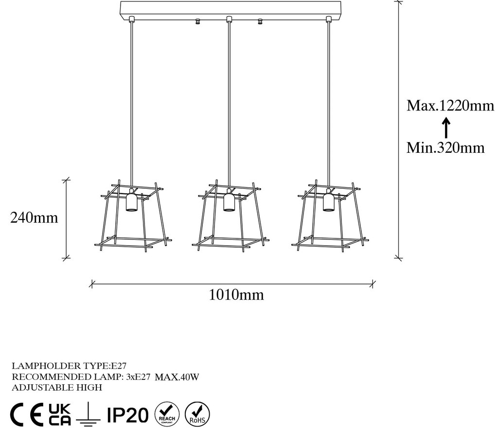 Candeeiro de Teto Coman – Ouro Brilhante – 101 x 24 x 122 cm