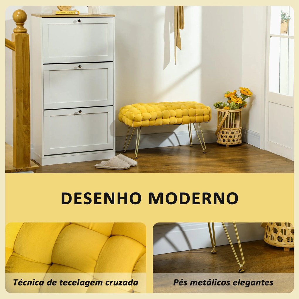 Banco Capri – 76x38x41,5 cm – Amarelo – Estofado em Veludo com Pés Met
