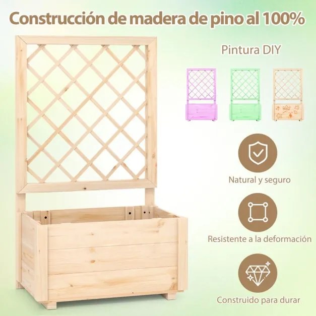 Floreira elevada com treliça 98 x 35 x 101 cm-S com Drenagem de madeira para plantas trepadeiras Natural