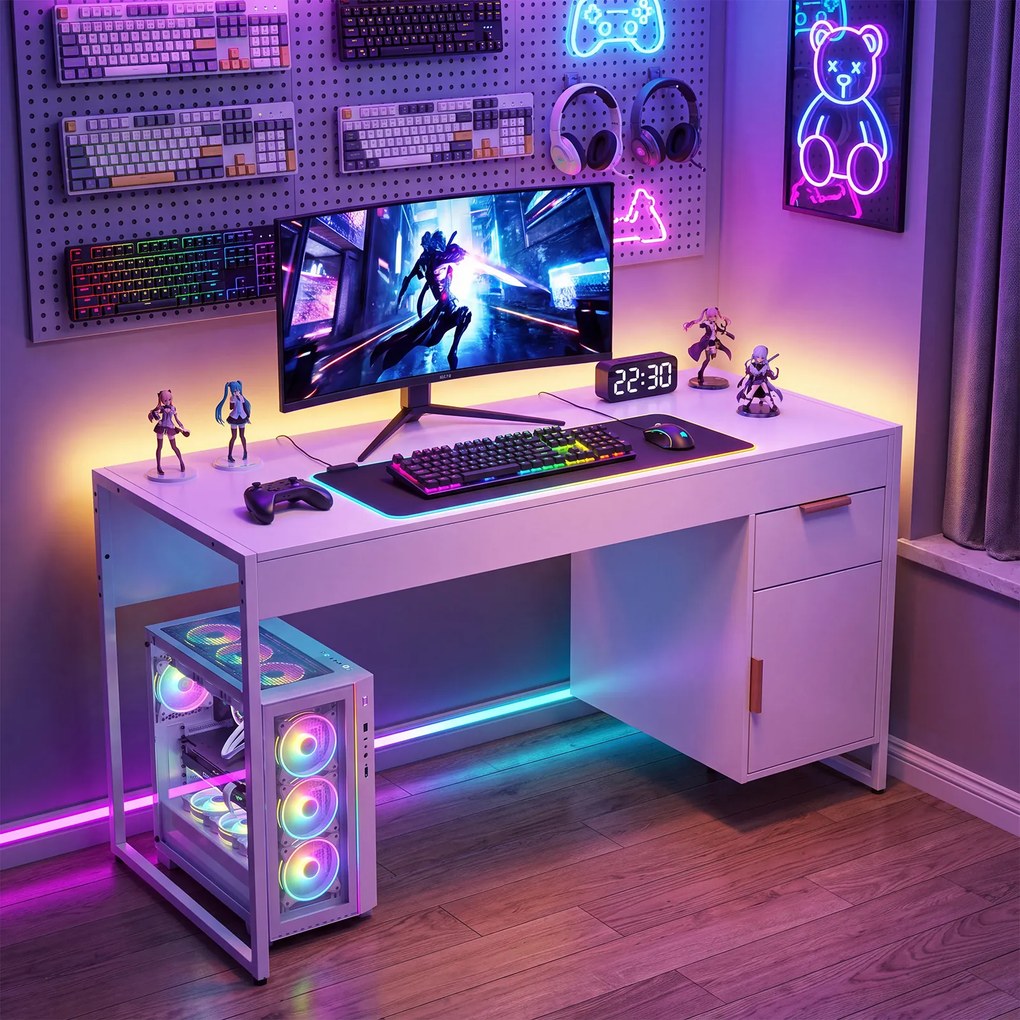 Secretária de Computador com Armário e Gaveta, 109 x 47 x 75 cm, Estrutura Metálica Resistente, Branco
