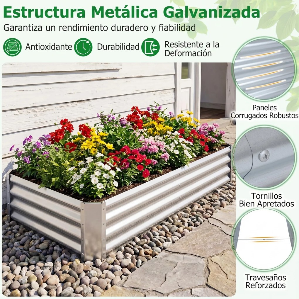 Floreira Elevada para Flores, Frutos e Ervas, 179,5 x 92 x 29,5 cm, Fundo Aberto, Prateado