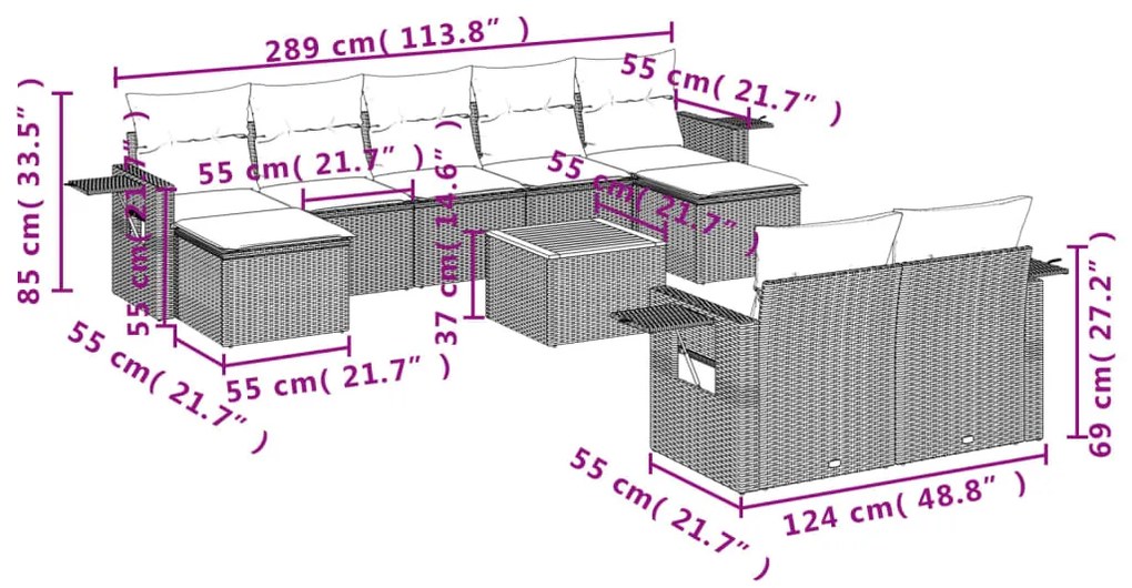 10 pcs conjunto sofás de jardim c/ almofadões vime PE cinzento