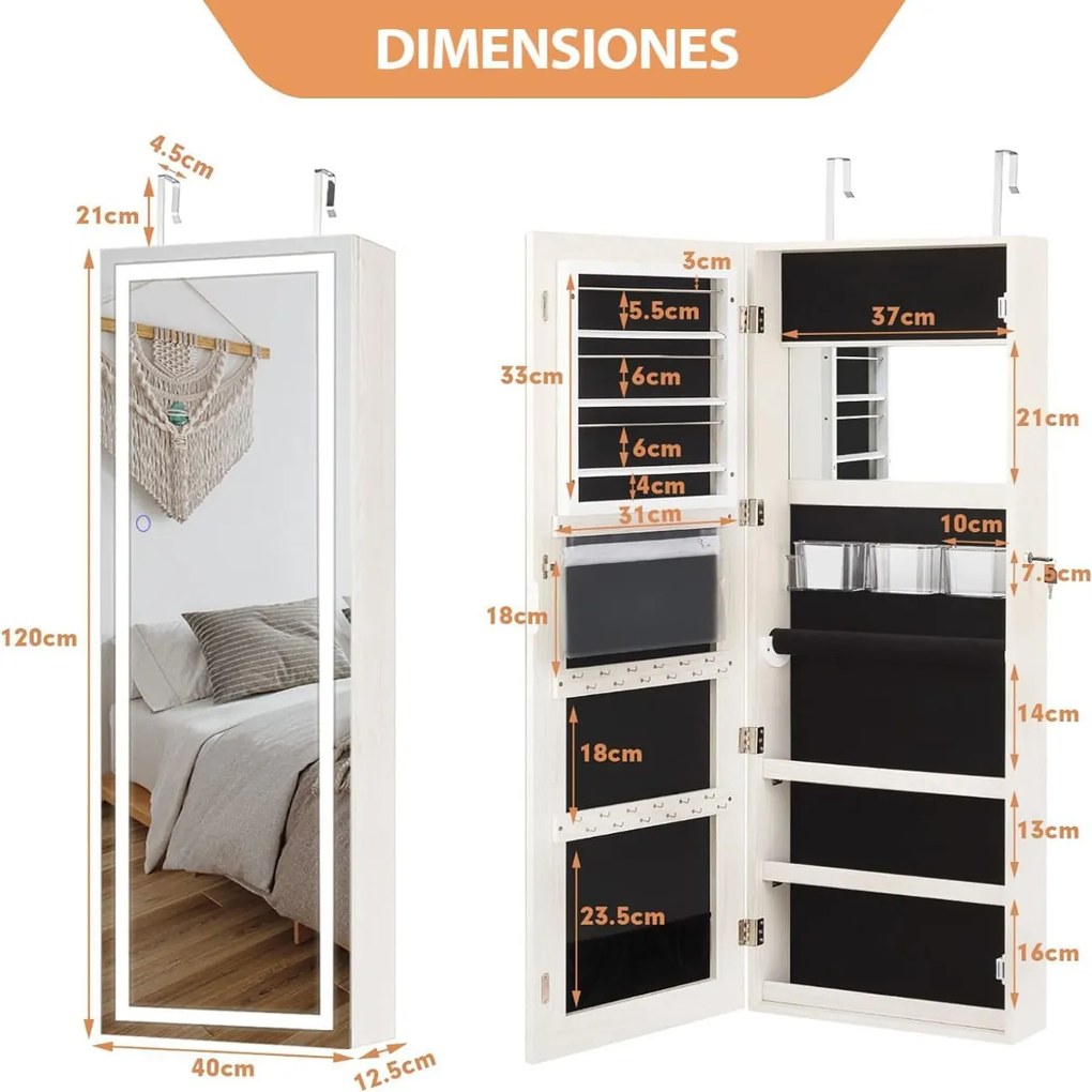 Armário para joias com iluminação LED e espelho de corpo inteiro Organizador de joias com fechadura 40 × 12,5 × 120 cm Branco