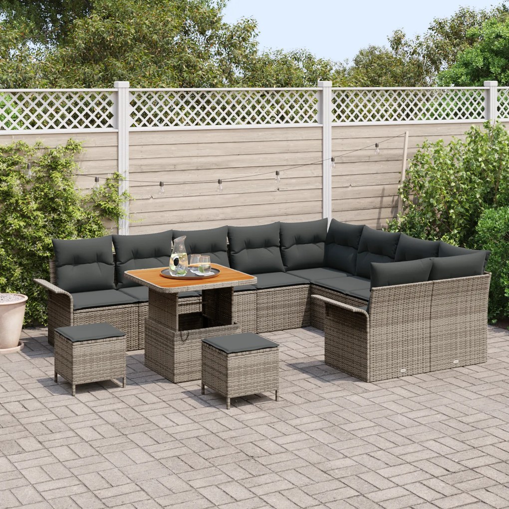 Conjunto de Sofá para Jardim vidaXL com Almofadas Cinza Rattan PE Acác