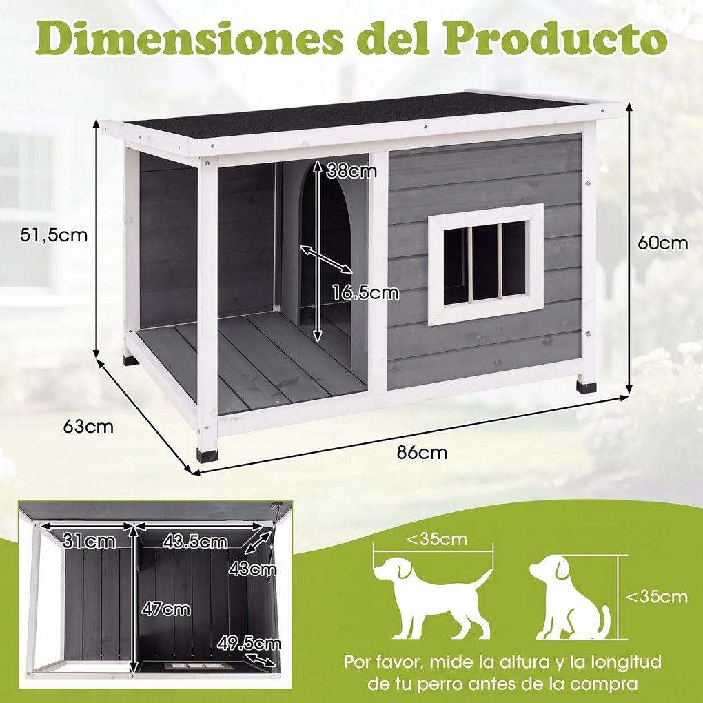 Casa para Cão com Terraço, 86 x 63 x 60 cm, Teto Impermeável de Asfalto, Cinzento