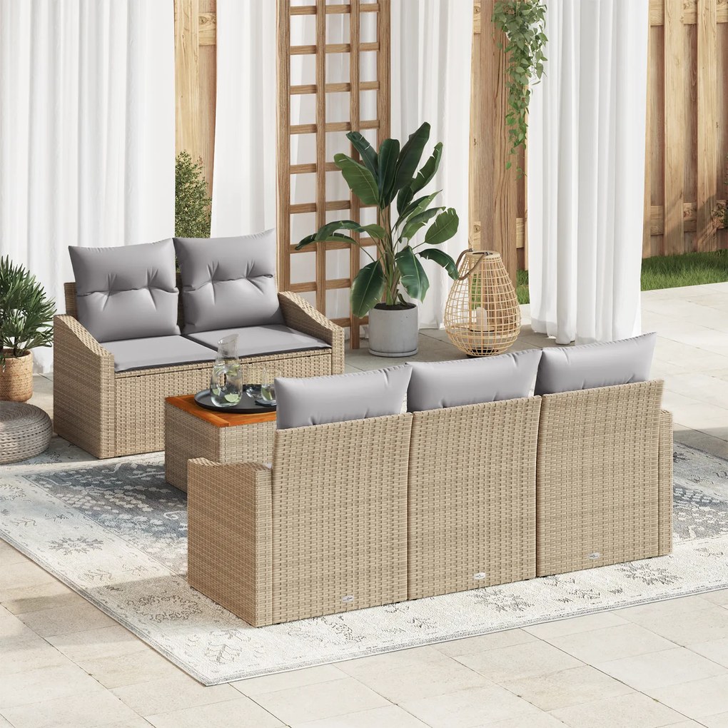 Conjunto de Sofás de 6 Peças com Almofadas Bege Polyrattan Acácia