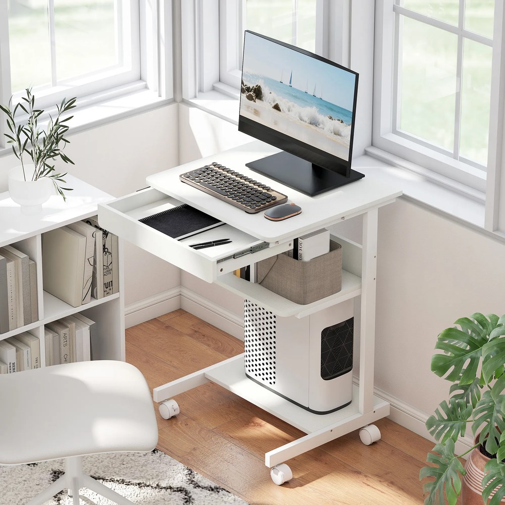 Secretária de computador com rodas, secretária com arrumação 56 x 51 cm com gaveta, compartimento e suporte para CPU, branca