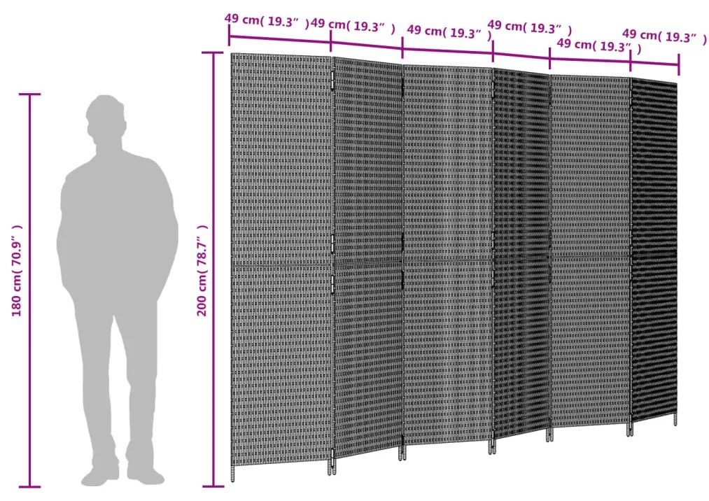 Biombo de divisão 6 painéis vime PE cinzento