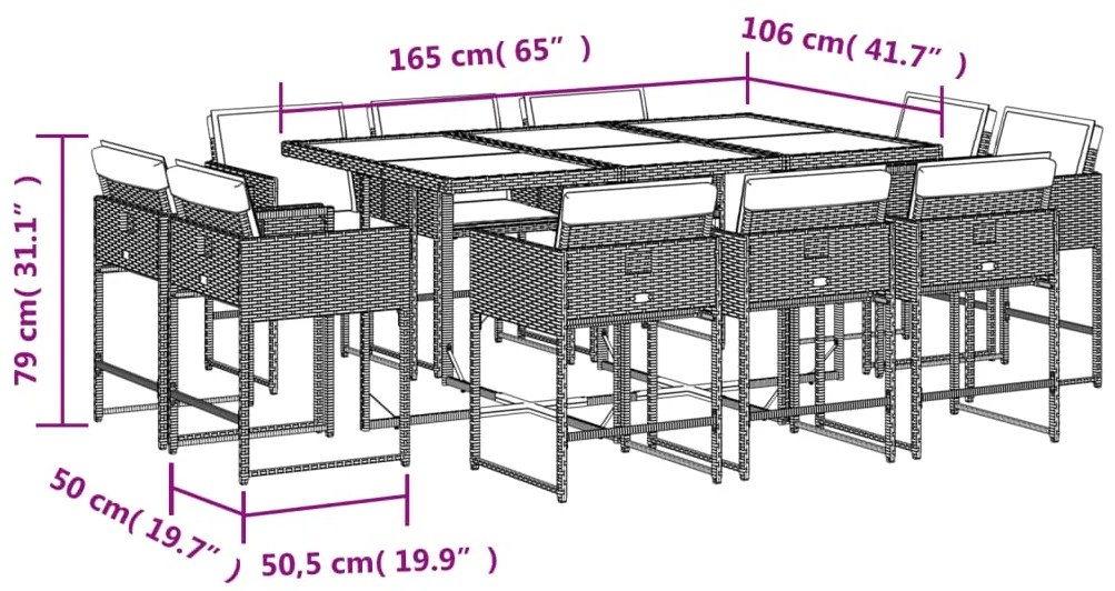 11 pcs conjunto jantar p/ jardim c/ almofadões vime PE cinzento