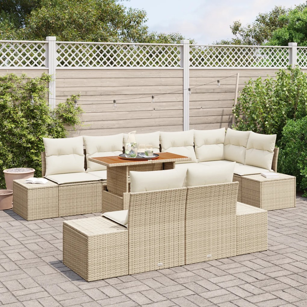 Conjunto de Sofá de Jardim de 9 Peças com Almofadas Bege Rattan Poliés