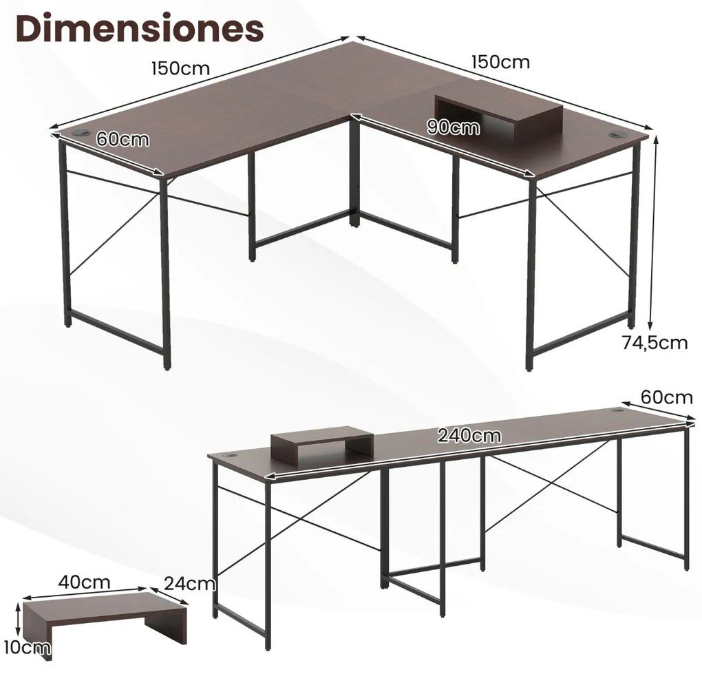 Secretária em forma de L 150 cm reversível com suporte para monitor removível e gestão de cabos para escritório em casa Castanho