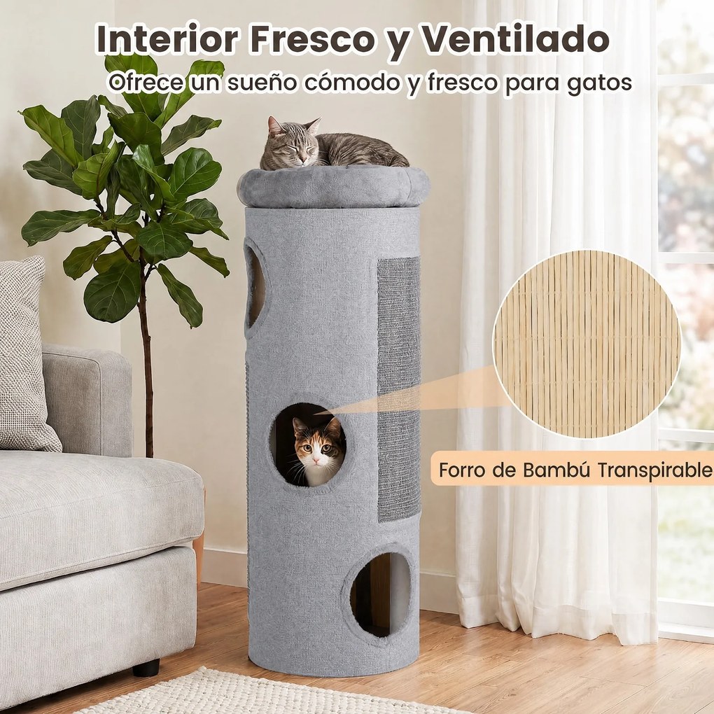 Arranhador para Gatos, 43 x 43 x 113 cm, Com 3 Grutas, Cinzento-claro