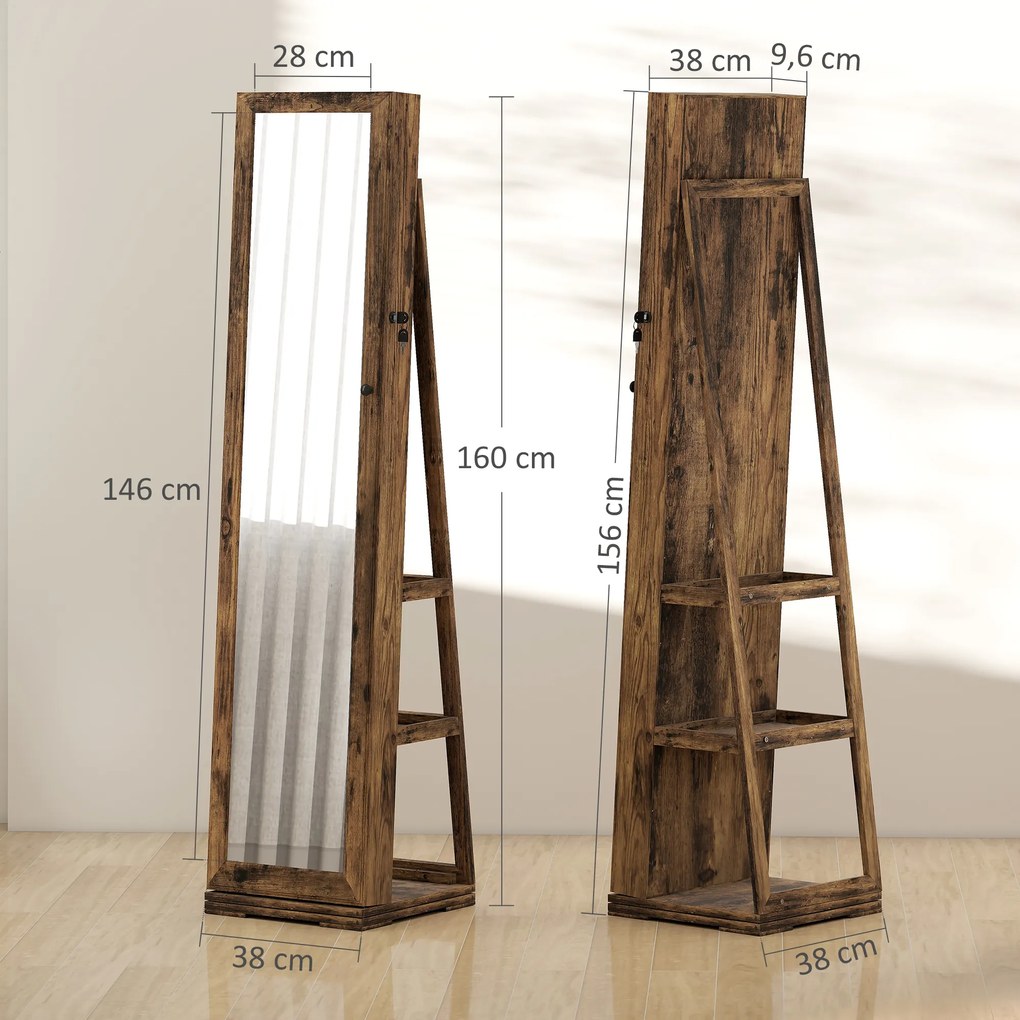 Joalheiro de Pé Armário para Jóias 360° com Fechadura e Espelho Incorporado Carga Máxima 20 kg 38x38x160 cm Castanho Rústico