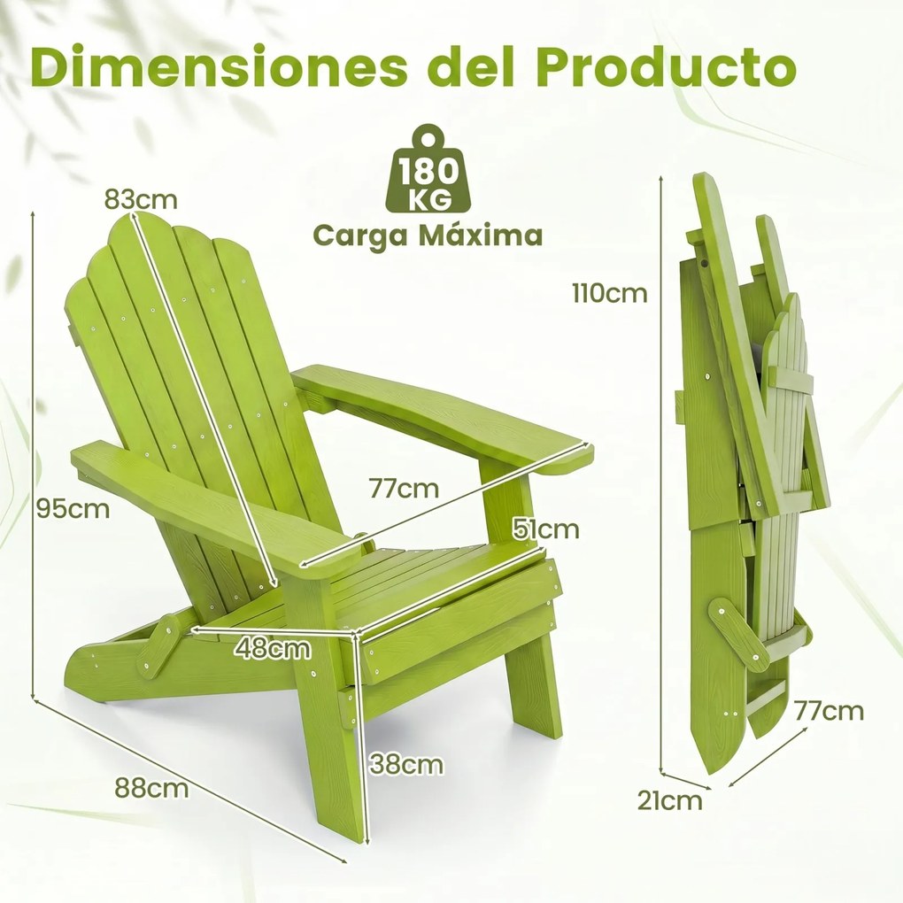 Conjunto de 2 Cadeiras de Jardim Adirondack Dobráveis, 88 x 77 x 95 cm, Apoios de Braços Largos, Verde