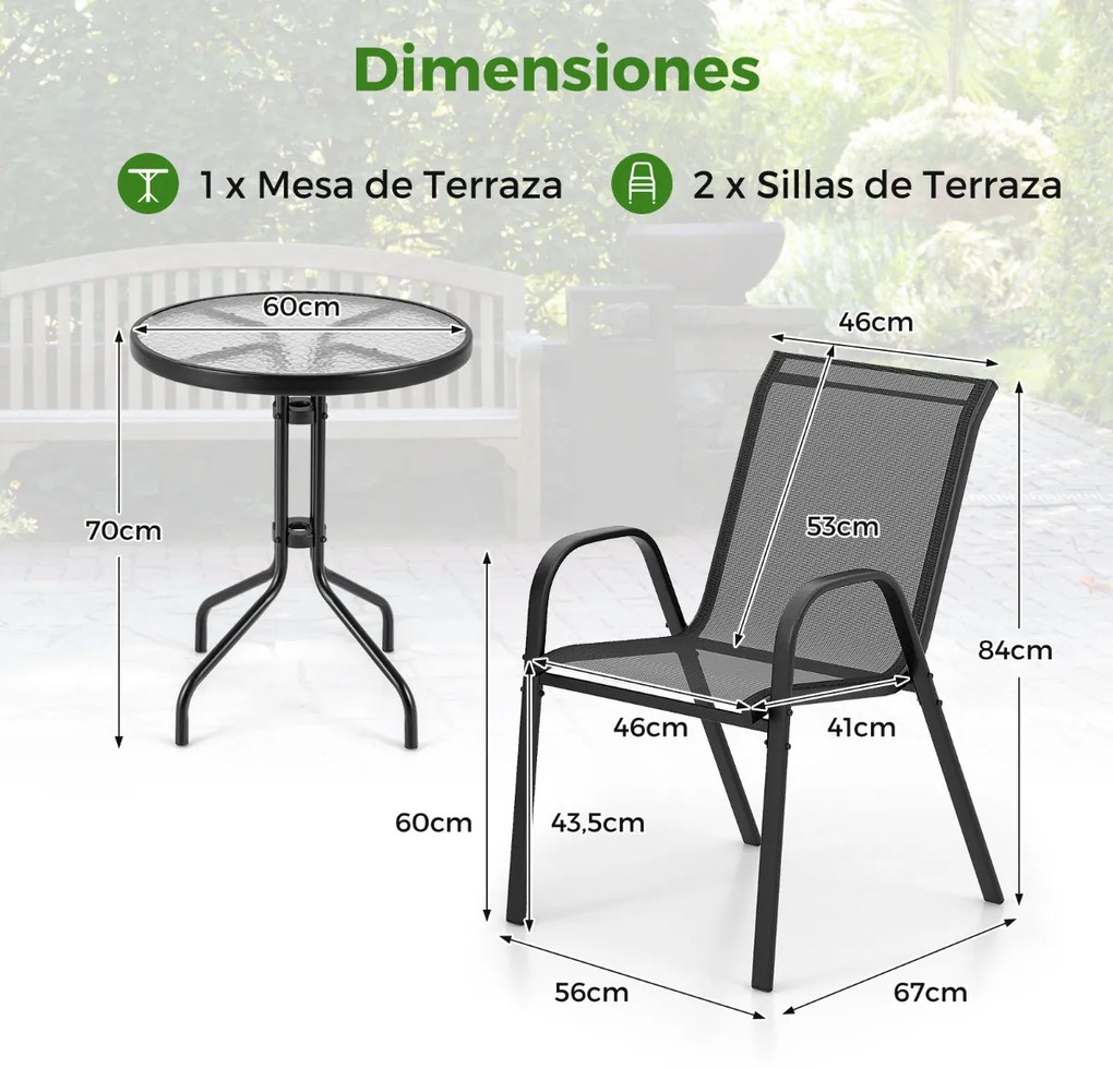 Conjunto móveis de Jardim 3 peças 2 cadeiras empilháveis 1 mesa de apoio Vidro temperado Tecido respirável Jardim Varanda Terraço Pátio Preto