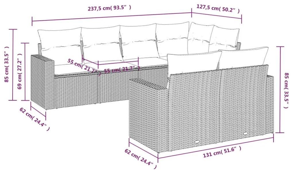 7 pcs conjunto de sofás p/ jardim com almofadões vime PE bege