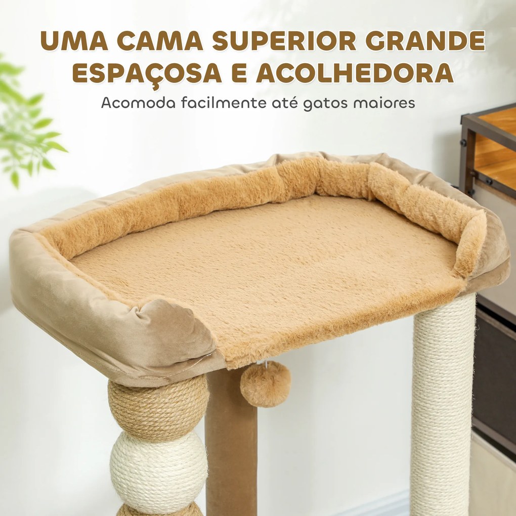 Arranhador para Gatos Arranhador para Gatos com Estofado em Borrego Plataformas Bola Suspensa e Poste de Juta 56x54x86 cm Castanho
