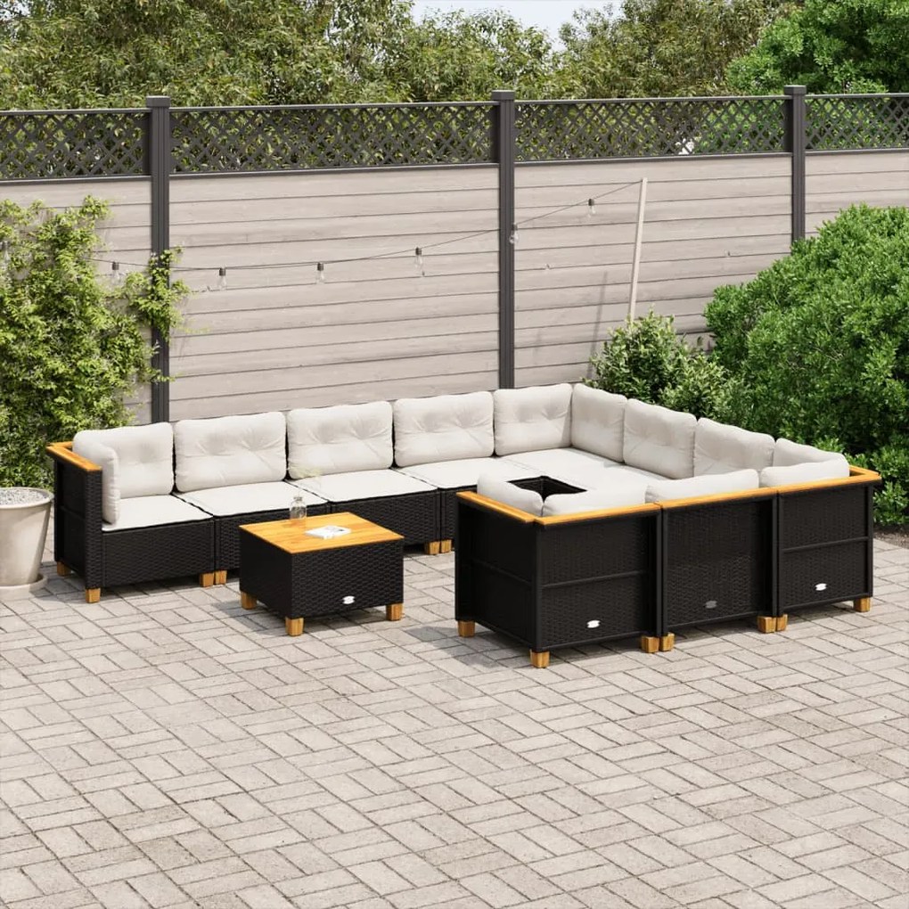 11 pcs conjunto sofás de jardim c/ almofadões vime PE preto