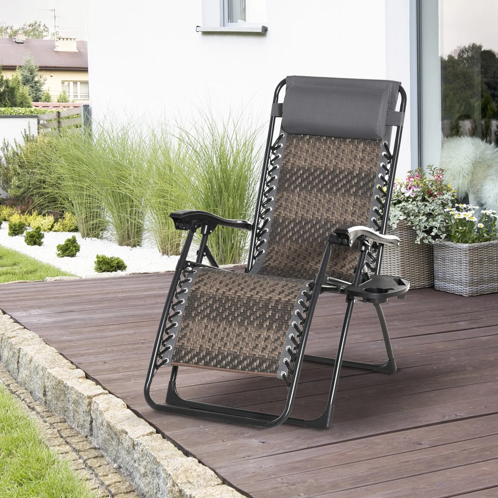 Outsunny Espreguiçadeira dobrável de vime com encosto ajustável Apoio de cabeça removível Suporte para copos e telefone Jardim Terraço 65x70x110 cm Cinza