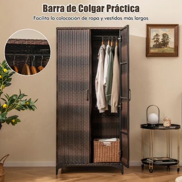 Armario de vime com 2 portas PE com varão para pendurar e 4 cubos de arrumação Organizador de roupa para casa pátio garagem Castanho