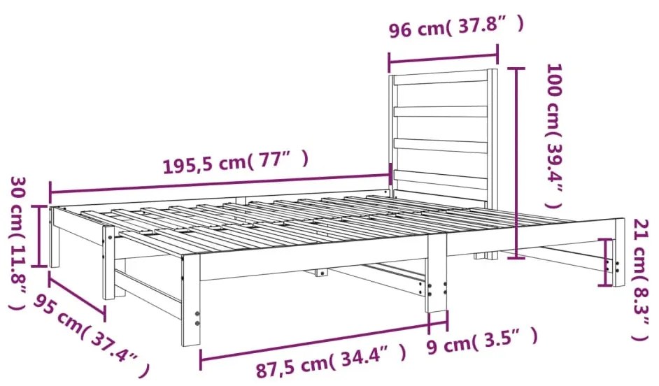 Estrutura sofá-cama de puxar 2x(90x190) cm pinho maciço branco