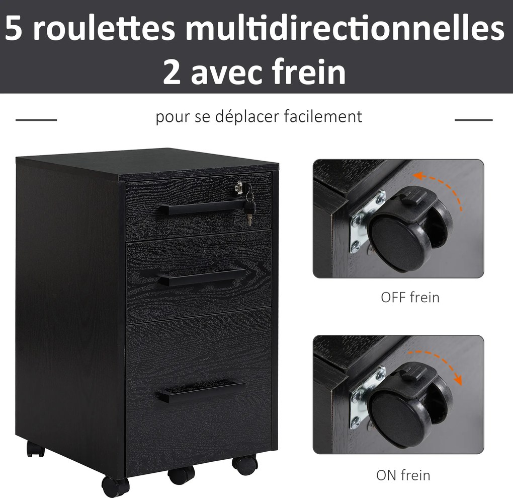 Bloco de gavetas de secretária com rodas, 3 gavetas (1 com fechadura) e 1 organizador de pastas, em MDF (painéis de partículas) preto