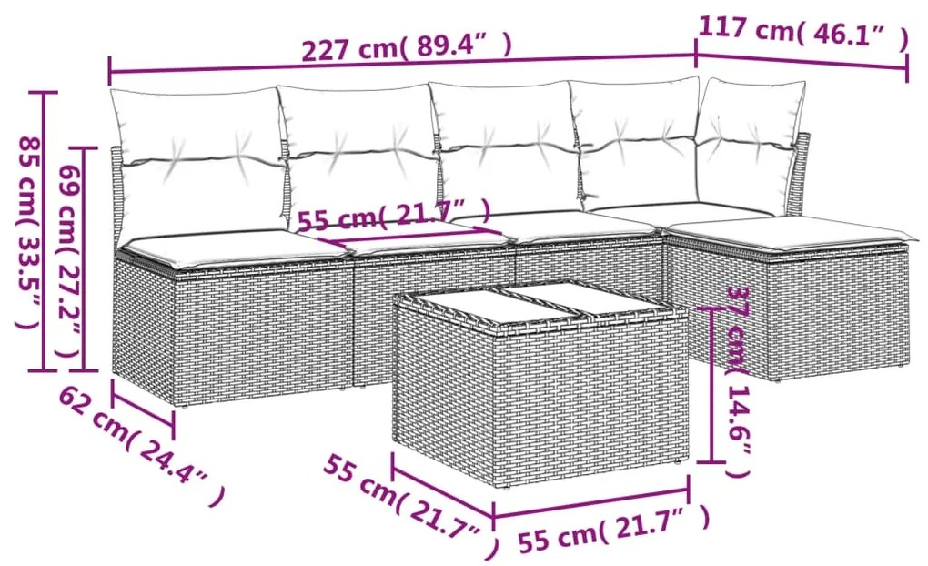 6 pcs conjunto de sofás p/ jardim com almofadões vime PE bege