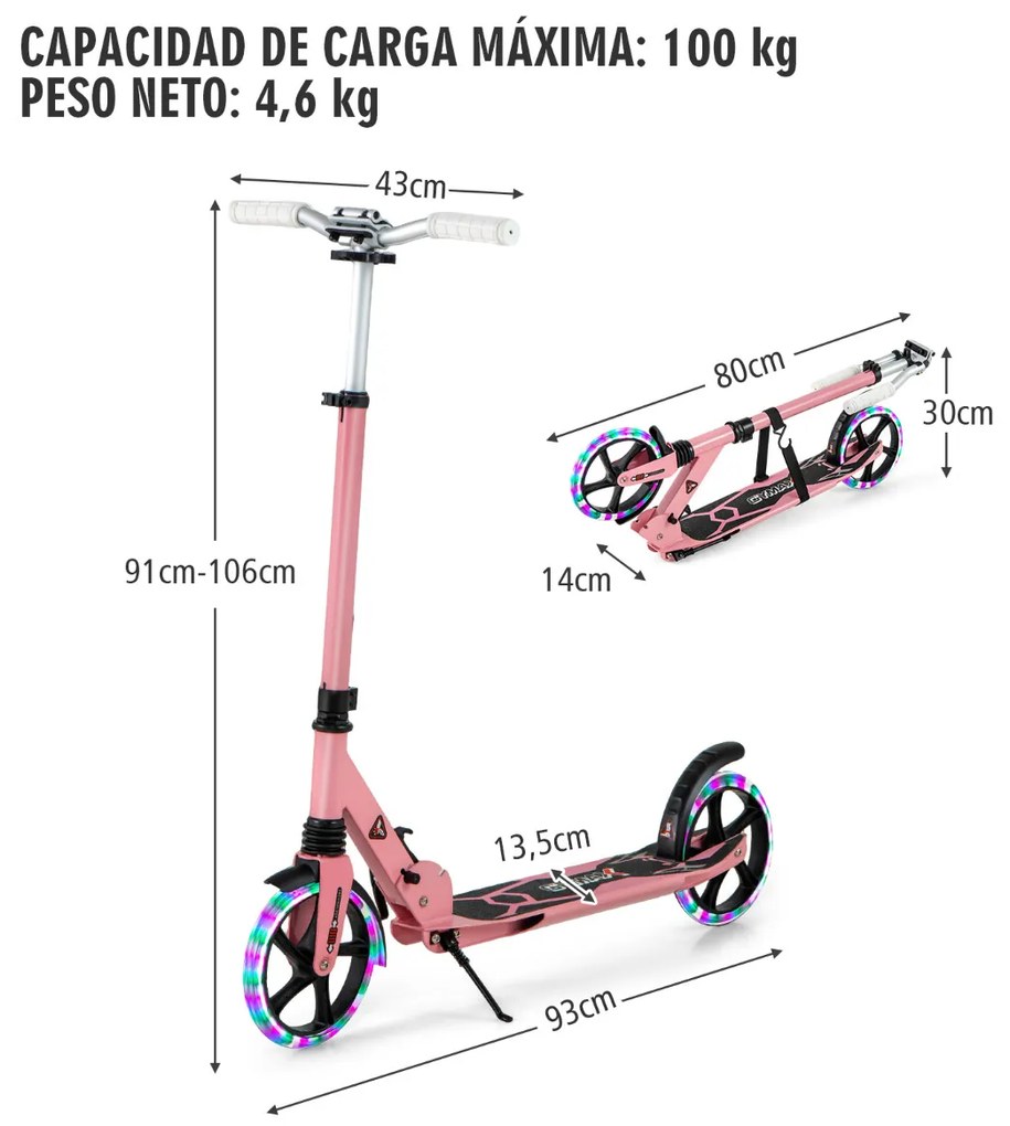 Trotinete dobrável com luzes LED para crianças Guiador com altura ajustável 93 x 43 x 91-106 cm Rosa