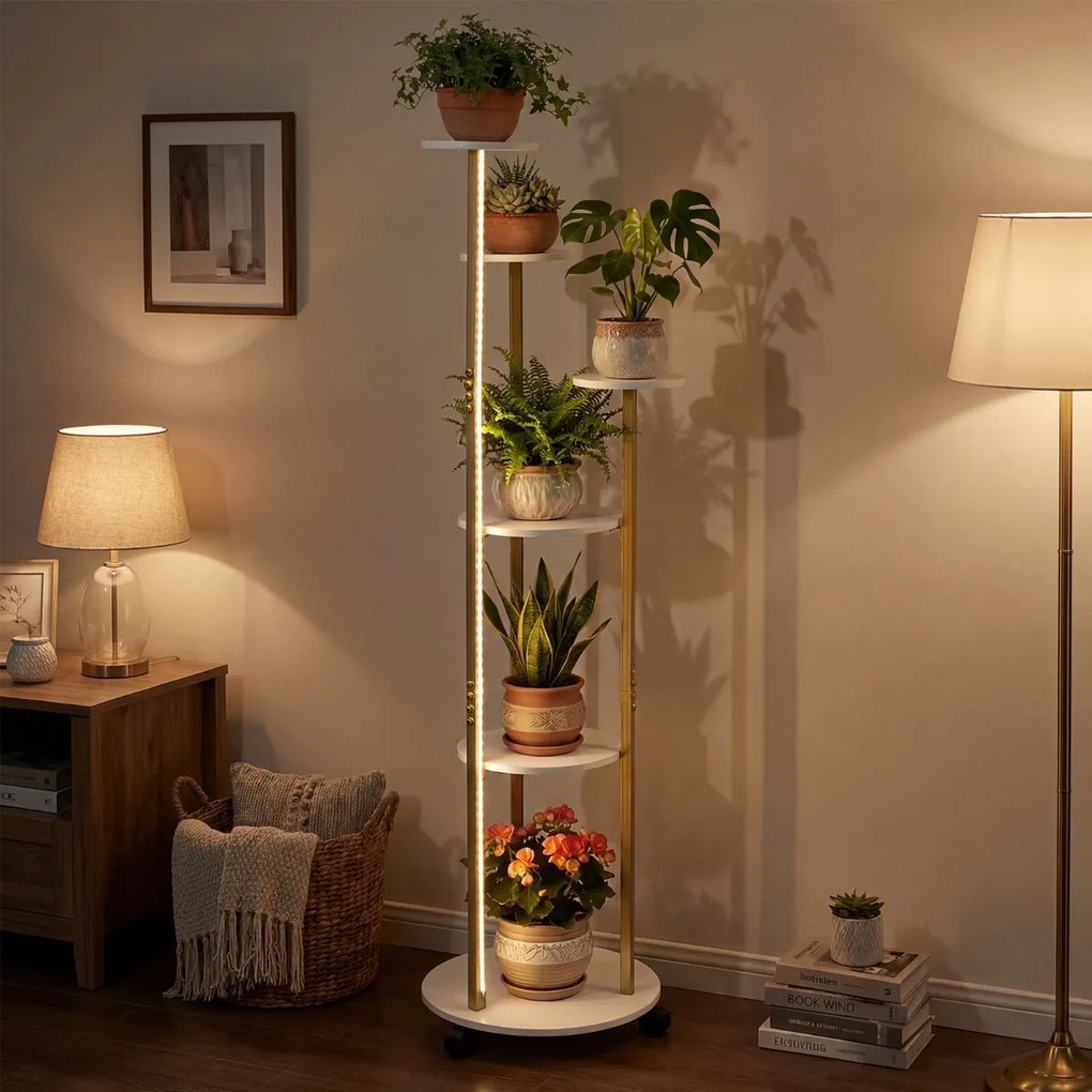Suporte para plantas de canto com 6 níveis 45 x 43 x 146,5 cm, rodas bloqueáveis, luzes LED com 16 cores, comando à distância, branco
