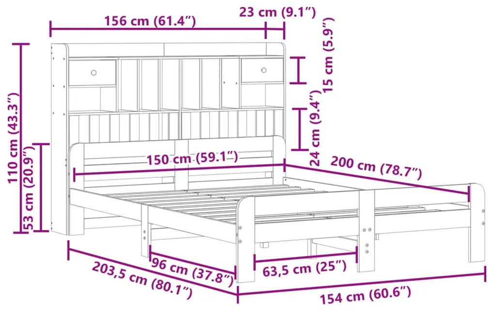 Cama com estante sem colchão 150x200 cm pinho maciço