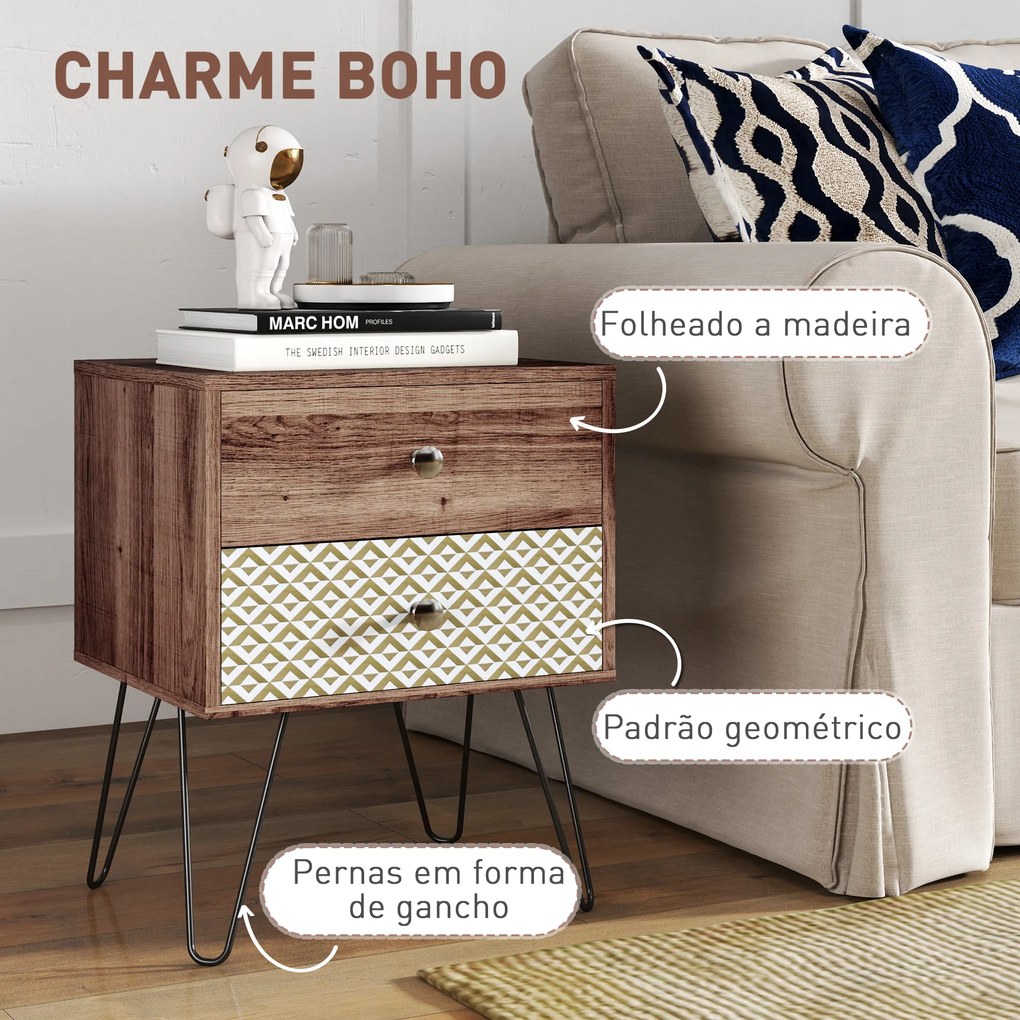 Mesa de Cabeceira com 2 Gavetas Pés de Aço Estilo Boémio Mesa de Cabeceira para Quarto Sala de Estar 45x39x55,5 cm Castanho