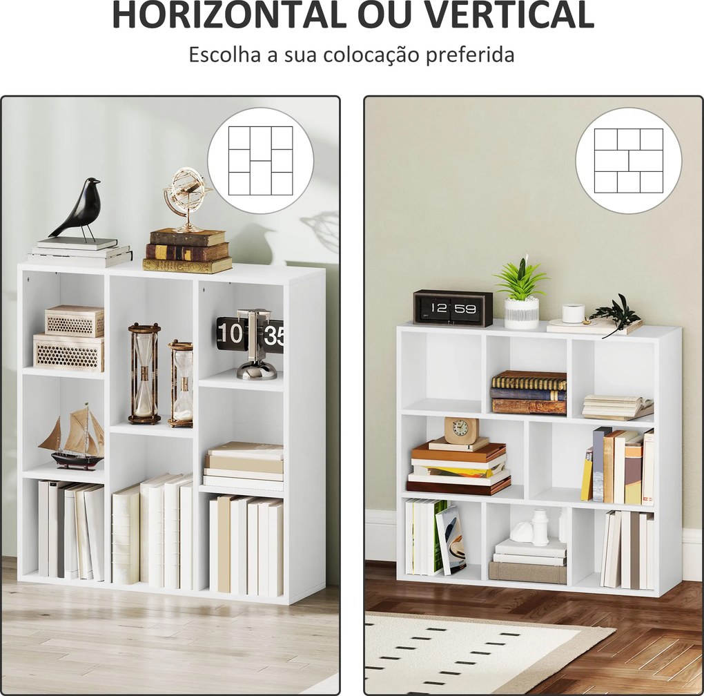 Estante de 3 Níveis Estante para Livros com 8 Compartimentos Desenho Vertical ou Horizontal 74,3x24x80 cm Branco