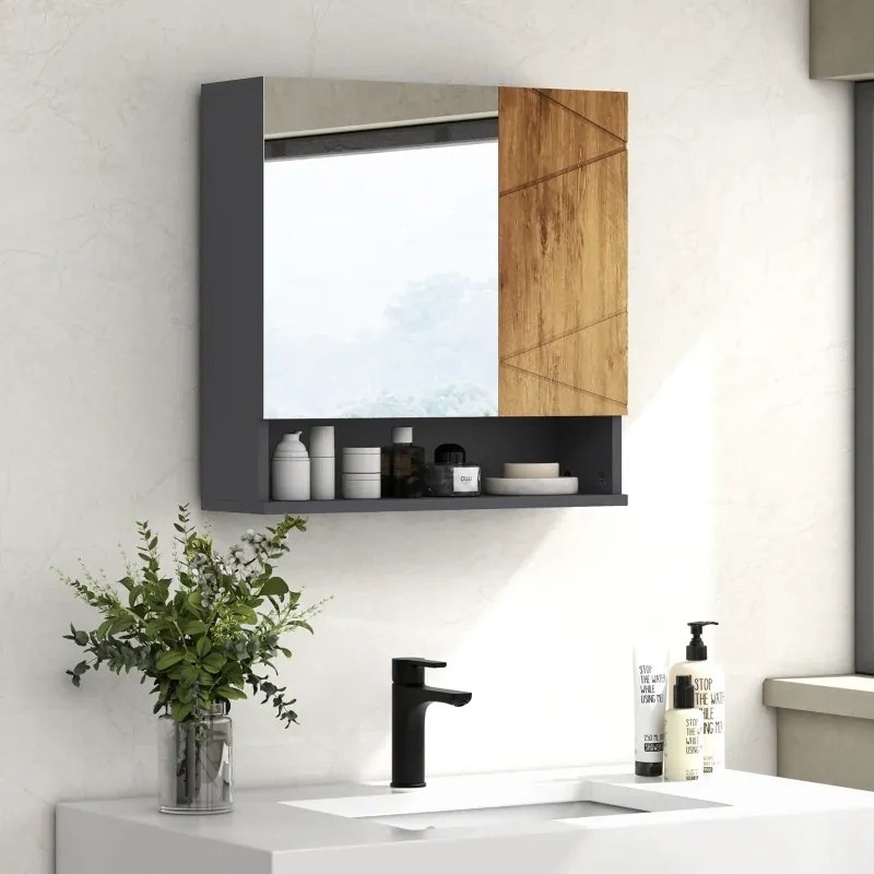 Armário de parede com espelho para casa de banho, com 2 portas, 55 x 17 x 55 cm, natural e cinzento escuro