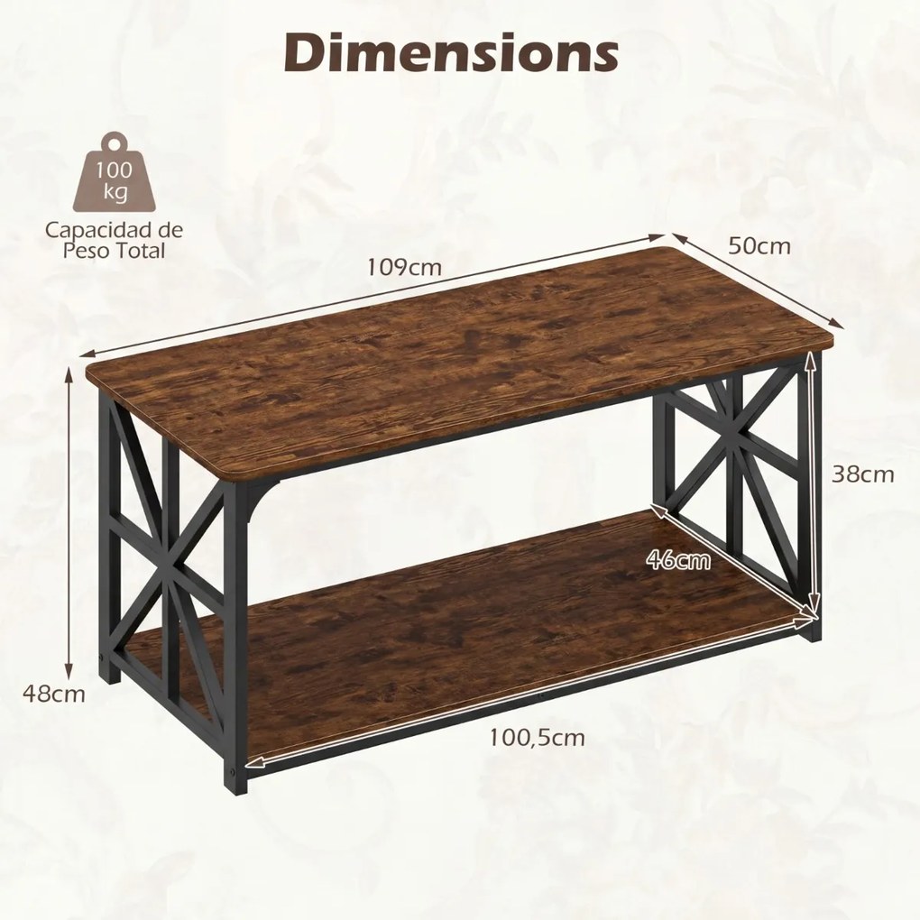 Mesa de centro de estilo industrial 109 x 50 x 48 cm, 2 níveis, prateleira aberta, estrutura metálica, para sala de estar, castanho rustica