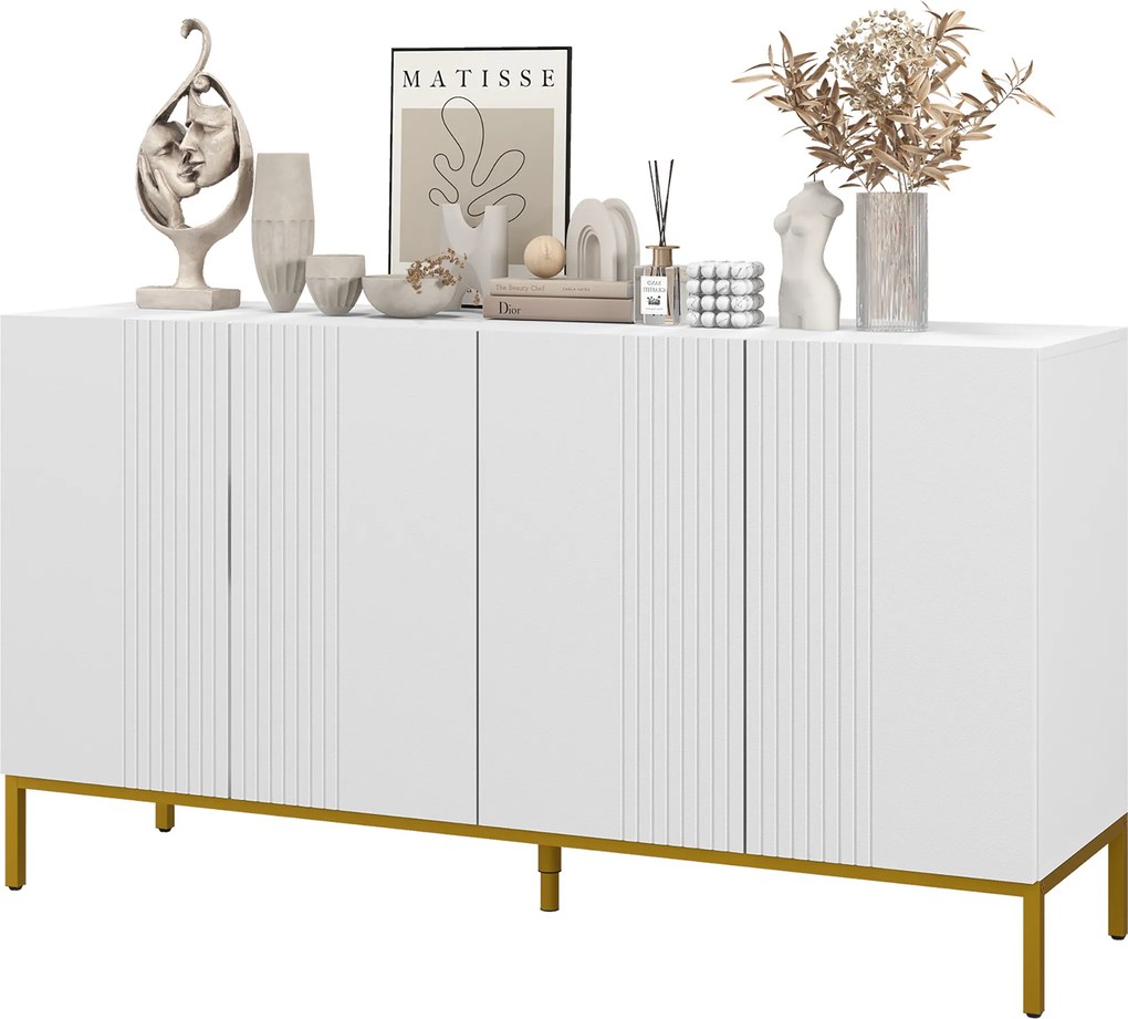 Aparador de design contemporâneo com motivos gráficos 140 x 40 x 75 cm, 2 armários com portas e prateleiras ajustáveis, em madeira branca e metal dour